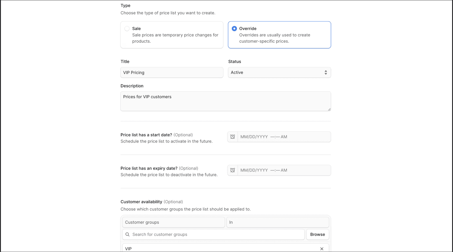 Price lists Screenshot