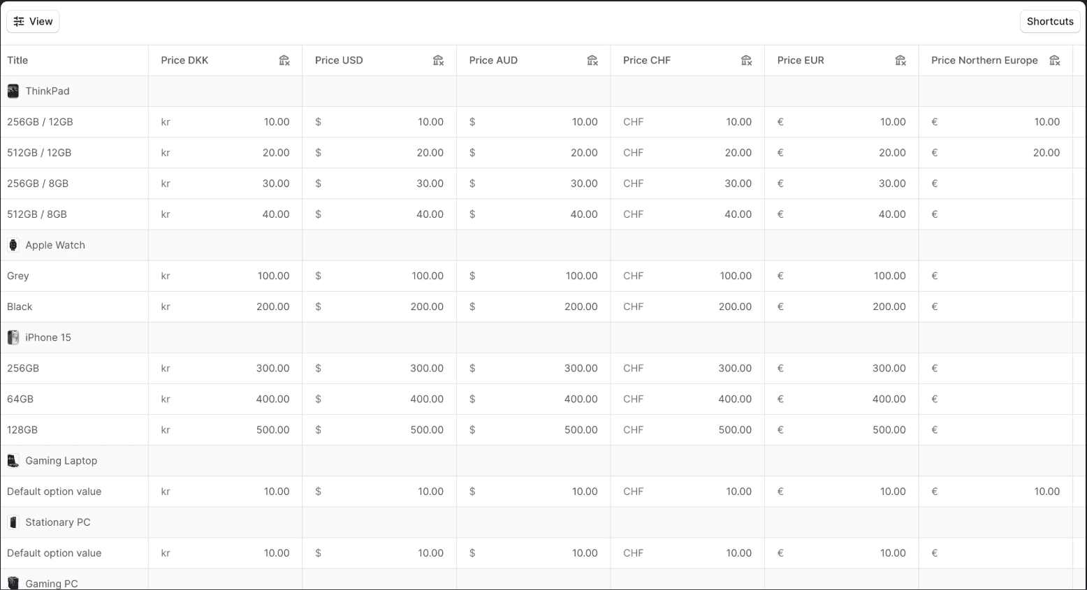 Price lists Screenshot