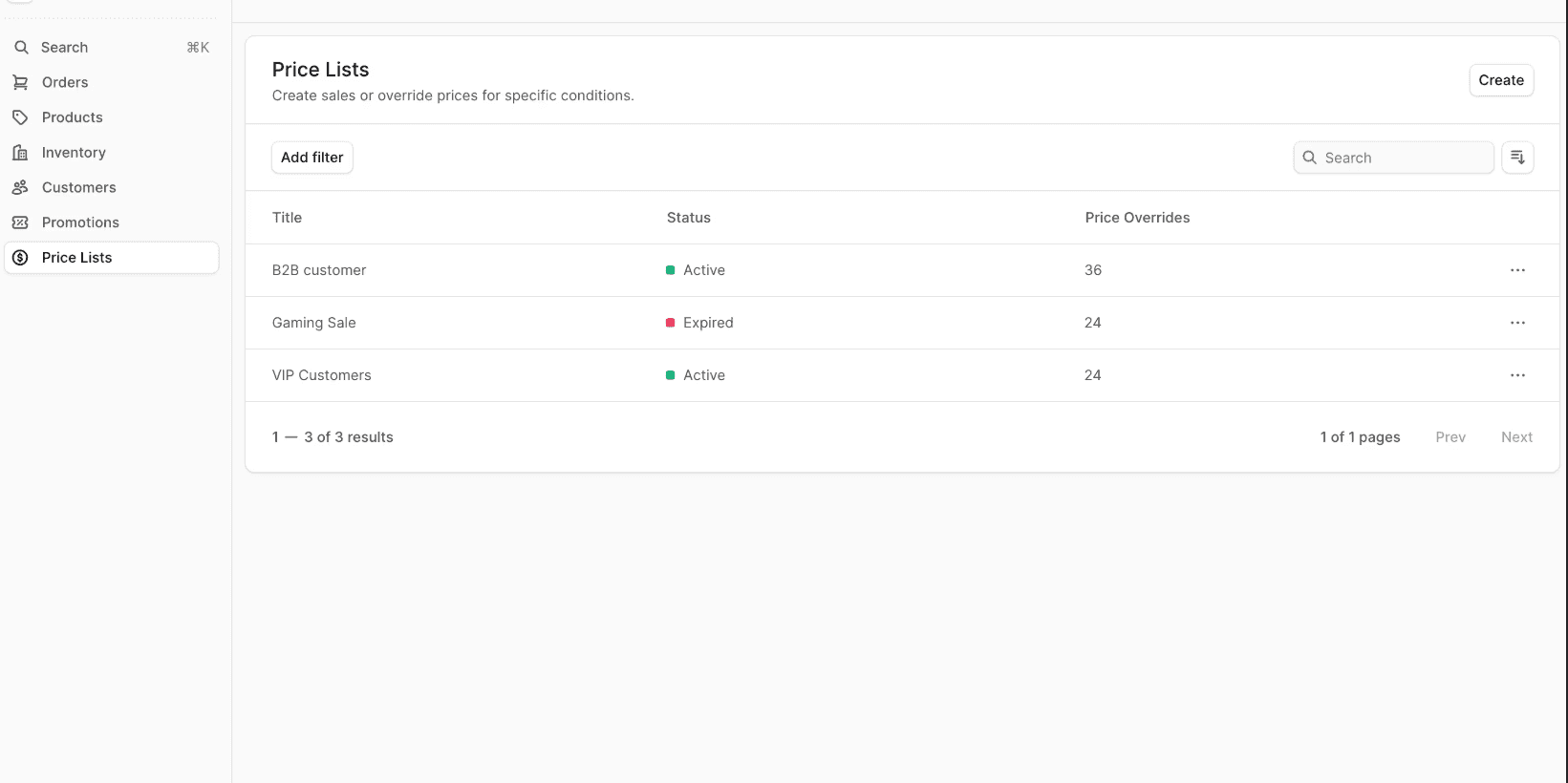 Price lists Screenshot