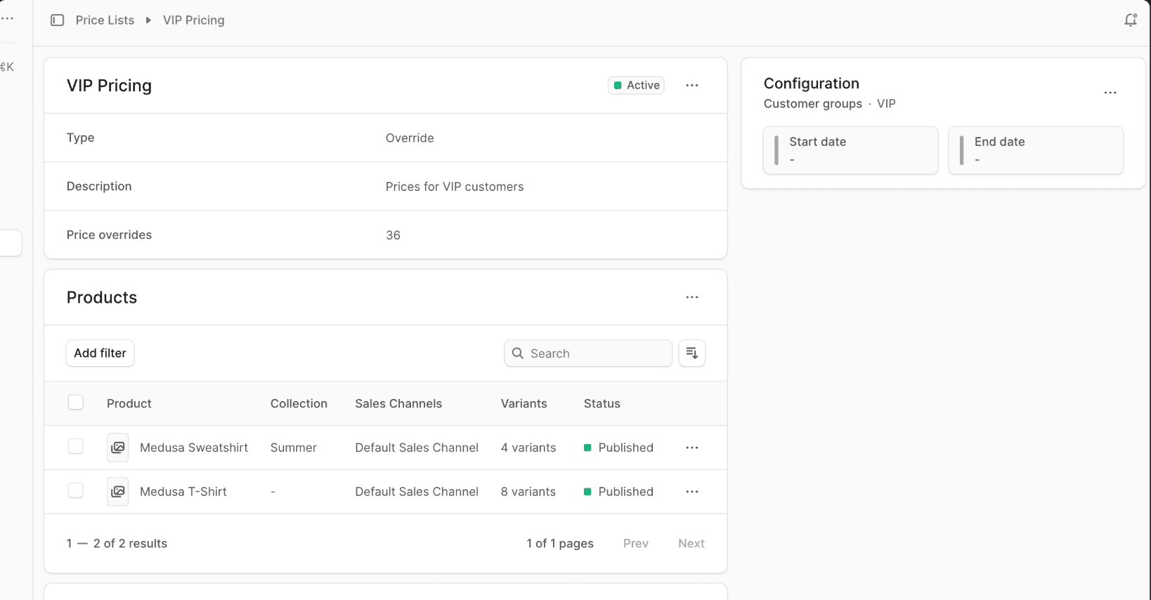 Price lists Screenshot