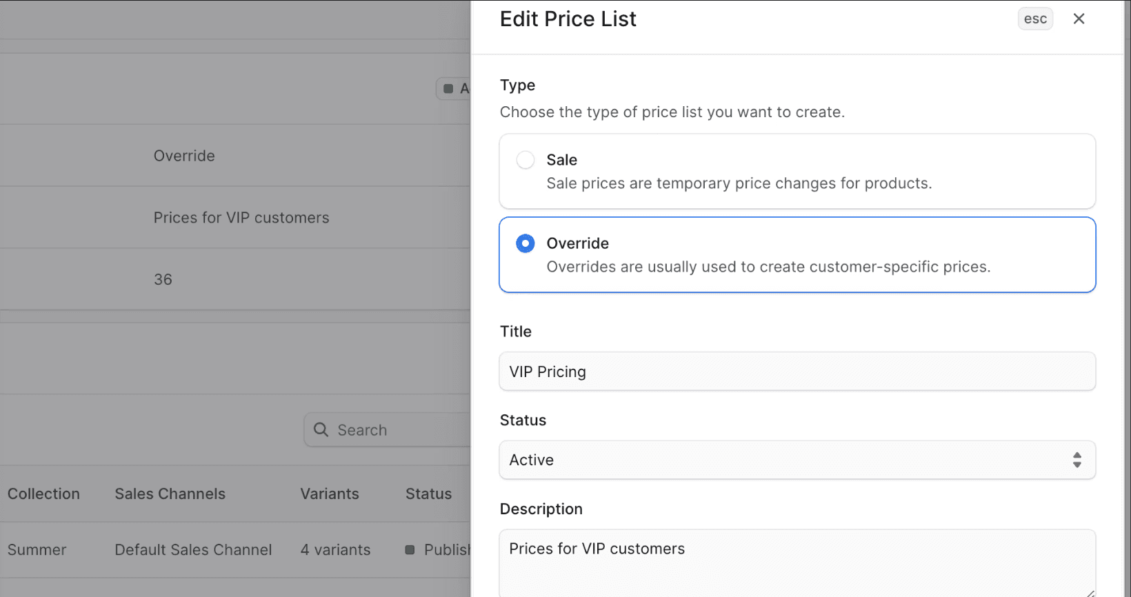 Price lists Screenshot