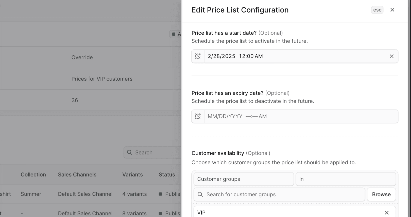 Price lists Screenshot