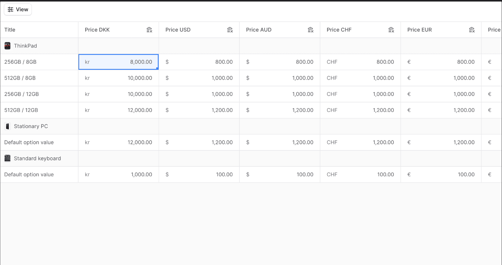 Price lists Screenshot